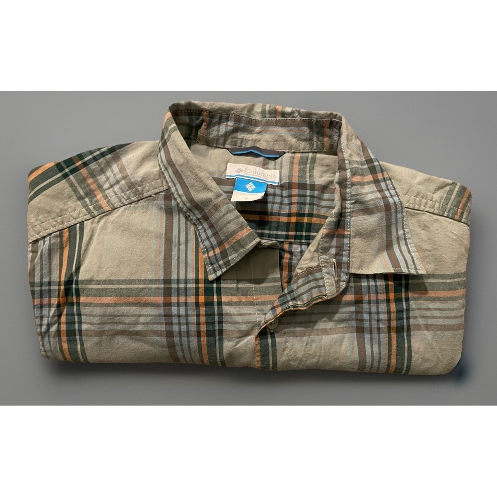 Columbia Short Sleeve Button Down Shirt Green Orange Blue Plaid Logo Medium JBHS - Picture 8 of 9